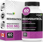 Renew Actives Resveratrol Supplement 600mg per Serving - High-Potency Antioxidant Complex with 50% Trans-Resveratrol – Supports Cellular Health & Longevity - Made in Canada – 60 Vegan Capsules