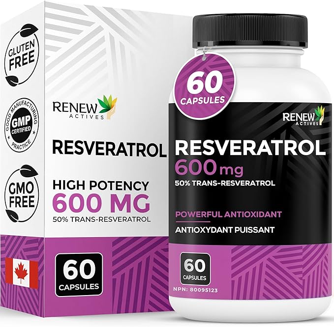 Renew Actives Resveratrol Supplement 600mg per Serving - High-Potency Antioxidant Complex with 50% Trans-Resveratrol – Supports Cellular Health & Longevity - Made in Canada – 60 Vegan Capsules