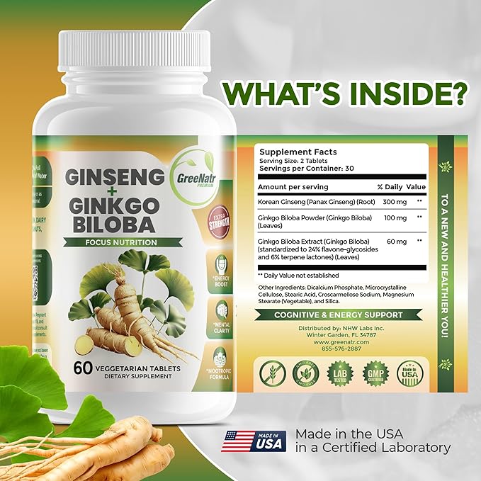 GreeNatr Ginko Biloba & Panax Ginseng Supplement - Red Ginseng Brain Supplement for Memory and Focus - Ginkgo Biloba Supplements for Good Vision, Immune System and Improved Blood Flow - 12 Bottles