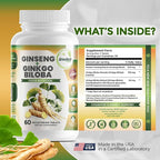 GreeNatr Ginko Biloba & Panax Ginseng Supplement - Red Ginseng Brain Supplement for Memory and Focus - Ginkgo Biloba Supplements for Good Vision, Immune System and Improved Blood Flow - 12 Bottles