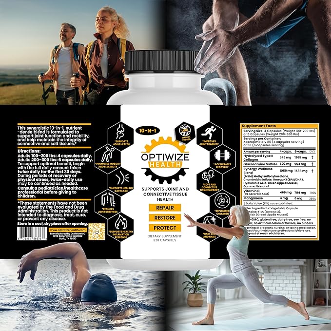 10-N-1 Joint Support Hydrolyzed Collagen,MSM, Hyaluronic Acid, Glucosamine,Chondroitin & More- Targets Joint Discomfort, Improves Mobility & Flexibility 320 Caps for Men & Women Made in USA
