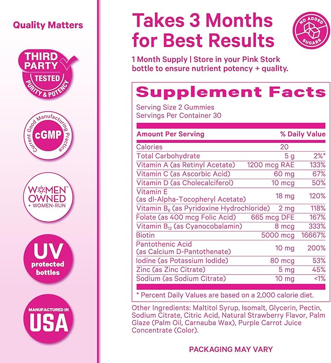 Pink Stork Total Glow Gummies for Women – Hair, Skin & Nails Vitamin with Biotin, Vitamin A, B6, B12, Folate, Zinc & More – Support for Radiant Skin, Strong Nails, and Healthy Hair – 60 Berry Gummies