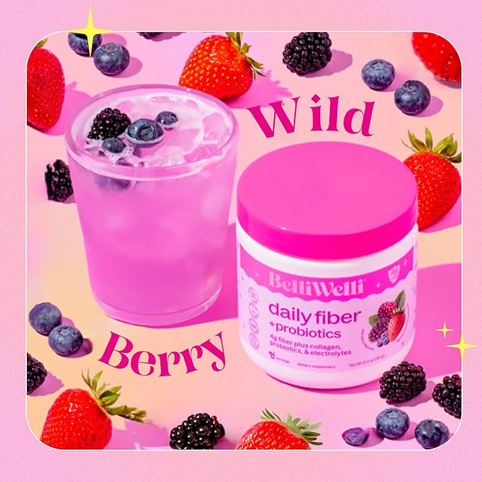 Belli Welli Fiber Supplement for Women & Men – Premium Daily Fiber Powder from Organic Acacia with Added Collagen, Electrolytes & Probiotics – No Bloat, Constipation & Gut Health Support (Wild Berry)