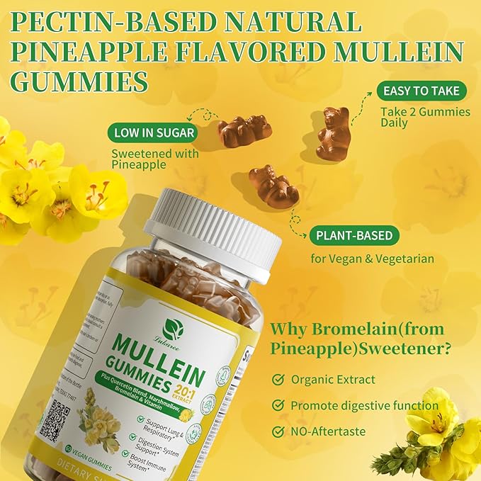 (2 Pack) 9 in 1 Mullein Gummies for Lung Cleanse & Lymphatic Drainage*, Extra Strength Mullein Leaf Extract w/Quercetin, Bromelain, Elderberry & Marshmallow for Respiratory & Immunity,Vegan,120 Count