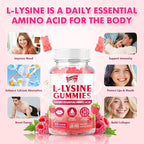 L-Lysine 1000mg Gummies for Immune Support & Skin Health - Vegan, Gluten Free Amino Acid Supplement for Adults, Raspberry Flavor, 60 Gummies