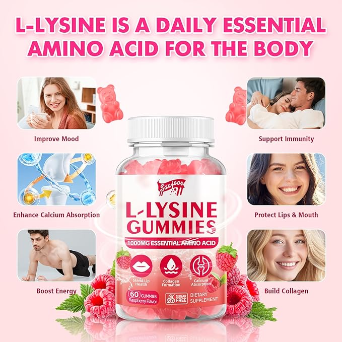 L-Lysine 1000mg Gummies for Immune Support & Skin Health - Vegan, Gluten Free Amino Acid Supplement for Adults, Raspberry Flavor, 60 Gummies