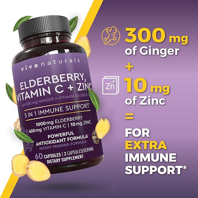Viva Naturals Black Elderberry 1000mg with Vitamin C, D3 5000 IU & Zinc - 5-in-1 Immune Support Supplement for Adults, Sambucus Elderberry Capsules with Ginger for Men and Women, (60 Capsules)