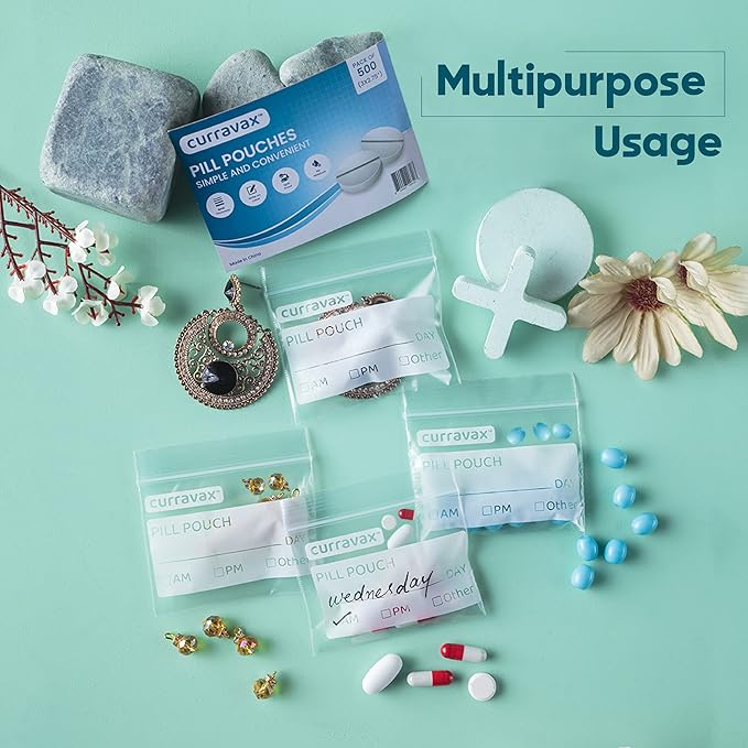 CURRAVAX Pill Bags for Travel Pack of 540 - BPA Free 3 x 2.75 inch Pill Pouch - Reusable Pill Pouches for Medicine with Write on Label –Clear Ziplock Pill Baggies for Travel Medicine Organizer