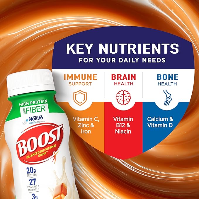 BOOST High Protein with Fiber Ready to Drink Complete Nutritional Drink, Caramel, 8 fl oz Bottle, 24 Pack