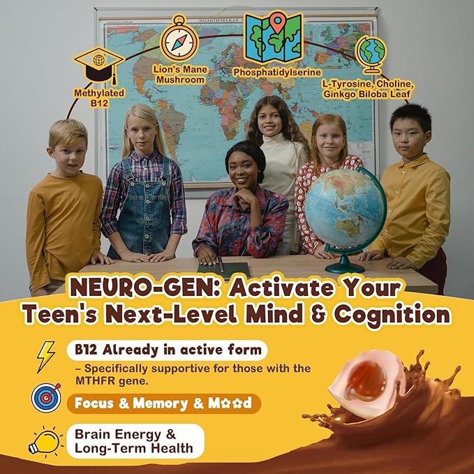 Neviss Kids 10+ Focus Brain Gummies w/Lion's Mane, B6, Methyl B12, Mushroom Filled Gummy for Teen & Adults Memory & Energy, Phosphatidylserine, L-Tyrosine, Choline, Beetroot, Ginkgo Biloba, Sugar Free