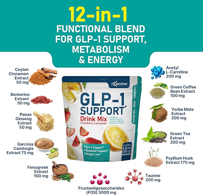GLP-1 Support Drink Mix Powder - Women Men Weight Loss Support - GLP1 Support Prebiotic Fiber Supplement - Daily Natural Metabolism & Fat Burn Support - Reduce Bloating Gut