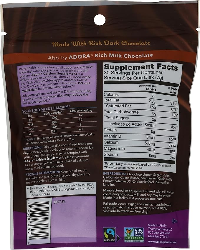 Adora Calcium Supplement Disk, Dark Chocolate, 30 Count - 500 mg