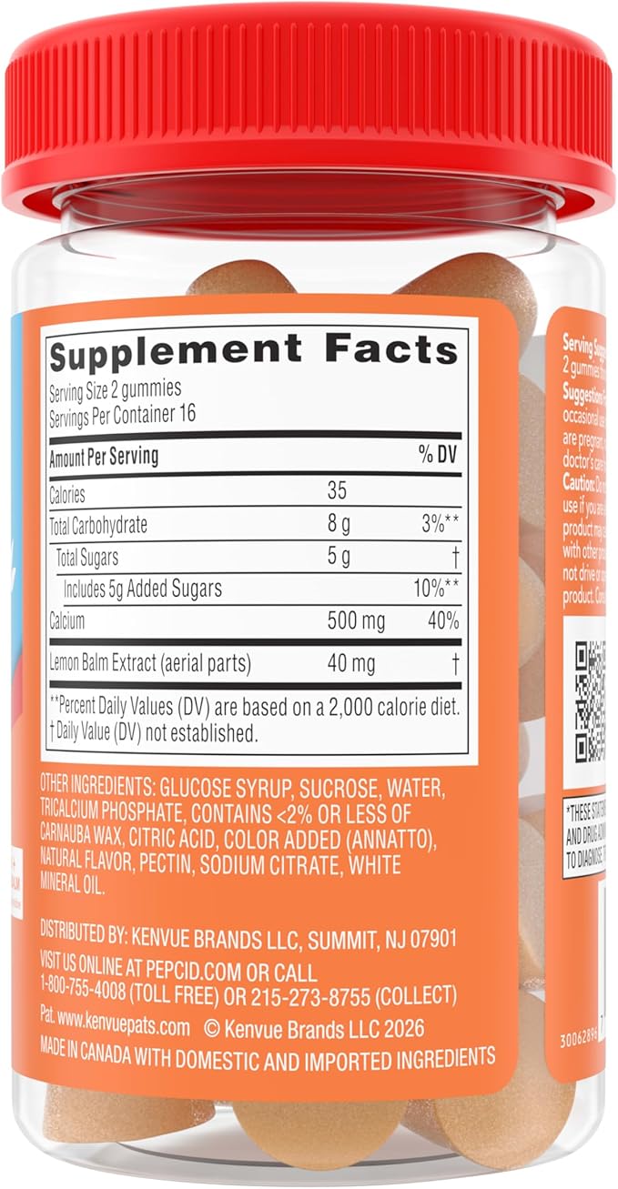 Pepcid Soothing Antacid Gummies, Heartburn Relief + Stress Relief for Occasional Heartburn, Upset Stomach, and Acid Indigestion, with Lemon Balm Extract, Tricalcium Phosphate, Peach-Raspberry, 32 ct
