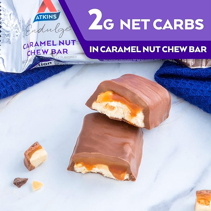 Atkins Endulge Caramel Nut Chew Bar, Dessert Favorite, 1g Sugar, Good Source of Fiber, 5 Count (Pack of 2)