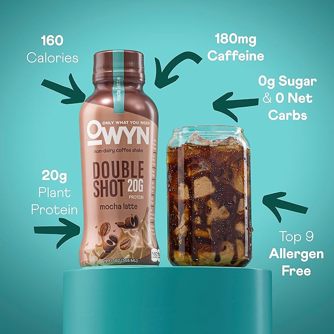 OWYN Only What You Need Double Shot Mocha Latte, Vanilla Latte and Caramel Macchiato Flavored Protein Shake, 20g Protein, 0g Sugar, 3g Fiber, 180mg Caffeine, Dairy Free, Plant Based Protein, 12 CT