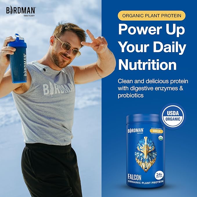 BIRDMAN Falcon Organic Vegan Protein Powder Vanilla, 24g Protein, Sugar Free, Probiotics, Low Carb, Keto Friendly, Dairy Free, Lactose Free, Non Whey, Plant Based Pea Protein Powder - 18 Servings