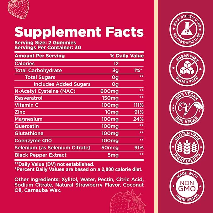 CFILIHTC (2 Pack) NAC Gummies 600mg, N Acetyl Cysteine Supplement with Glutathione, Resveratrol, Magnesium, CoQ10, NAC Chewable for Antioxidants & Immune Support, Strawberry Flavor 120 Gummies