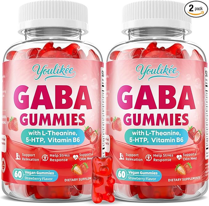 2 Pack GABA Gummies 500mg with L-Theanine, 5-HTP, Vitamins B6, B12, D3 and Ashwagandha, Melatonin-Free, GABA Supplements for Adult, Sugar-Free, Strawberry Flavor, 120 Count