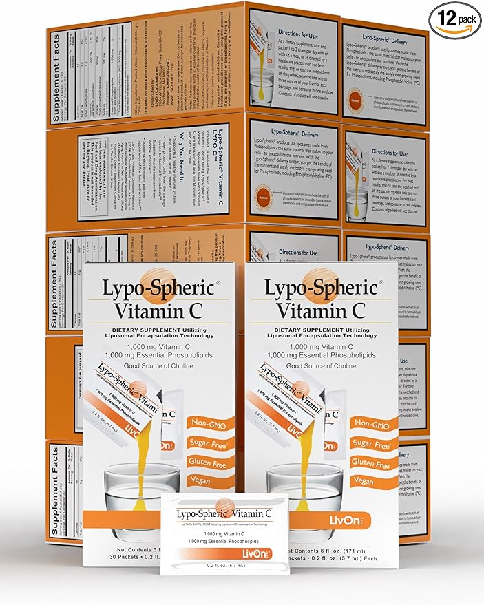 LivOn Laboratories - Lypo–Spheric Vitamin C – 1,000 mg Vitamin C & 1,000 mg Essential Phospholipids Per Packet – Liposome Encapsulated for Improved Absorption – Non–GMO - 12 Pack (360 Count)