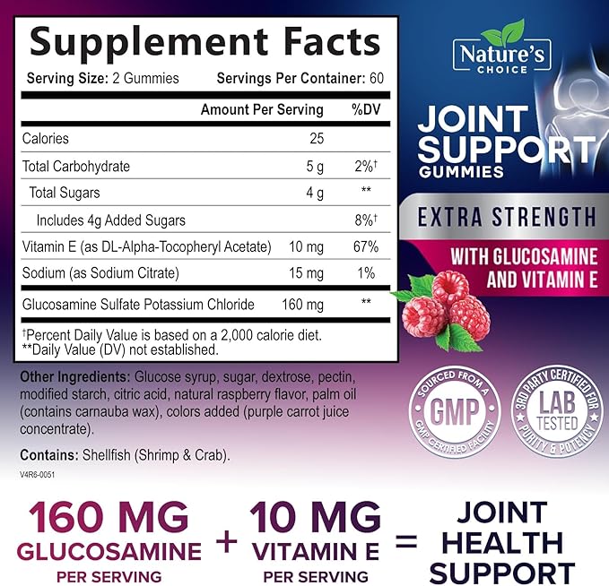 Joint Support Gummies - Extra Strength Glucosamine Gummy Supplement with Vitamin E - Natural Cartilage Joint Health & Flexibility Support, Best Support Glucosamine Chew for Men & Women - 120 Gummies
