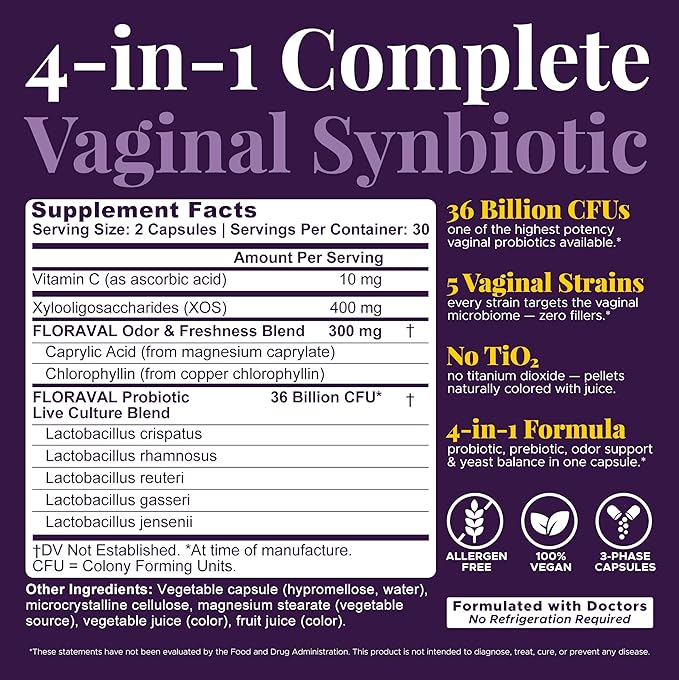FLORAVAL Vaginal Probiotics for Women - Vaginal Probiotic & Prebiotic for Vaginal Health, pH Balance, Odor & Yeast Support, 36 Billion CFU Lactobacillus Blend, 5 Vaginal Strains, 60 Vegan Capsules