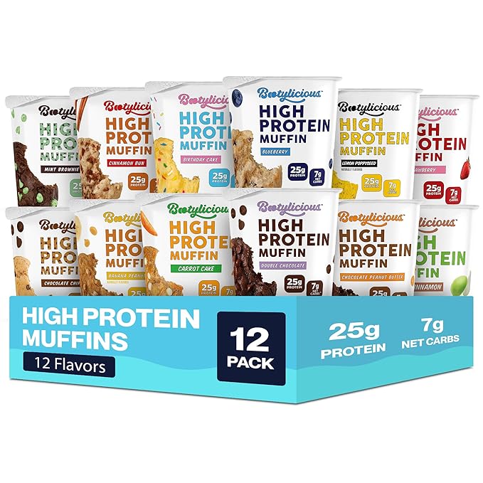 Bootylicious | 25g Protein Muffin | Ultimate Variety | Low Carb, 16g-18g Fiber, Low Glycimic Index, Low Sugar, 2.32-2.75oz Cup, 12-Pack