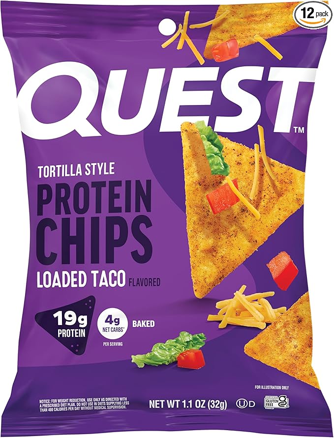 Quest Nutrition Loaded Taco Tortilla Style Protein Chips, 19g Protein, 4g Net Carb, Low Carb, Gluten Free, 1.1 oz (Pack of 12)
