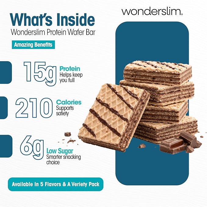 WonderSlim Protein Wafer Snack Bar, Chocolate, 210 Calories, 15g Protein, 0mg Cholesterol (5ct)