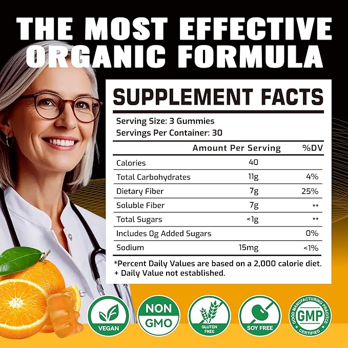 Prebiotic Fiber Gummies for Adults, 7G Extra Strength, Zero Sugar Added, 90 Pectin Based Gummies, Digestive Health -Orange-2pack