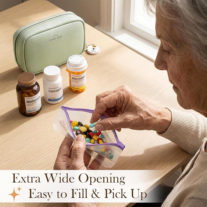 Weekly Pill Organizer,Vegan Leather Travel Medicine Bag - Pill Container with 7 Color-Coded Resuable Waterproof Pills Pouches, Dual-Sided Labeling Design & Reminder Spinner for Vitamins, Supplements