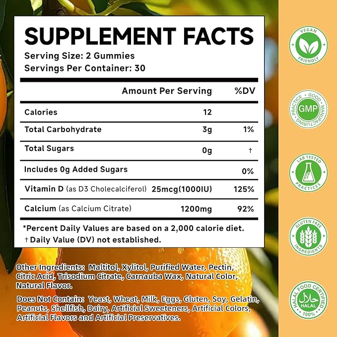 Calcium Citrate Gummies for Kids, Adult - 1200 mg with Vitamin D3 1000IU - Support Bone, Teeth, Immune Health, High Absorption Calcium and Vitamin D Supplement, Orange Flavor, 60 Count