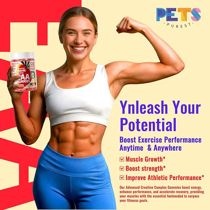 Pets Purest EAA Gummies 120 Gummies (Strawberry), Essential Amino Acids - All 9 Essential Aminos (EAA) and All Branched-Chain Aminos (BCAAs), Non-GMO, Gluten Free, Vegetarian Friendly