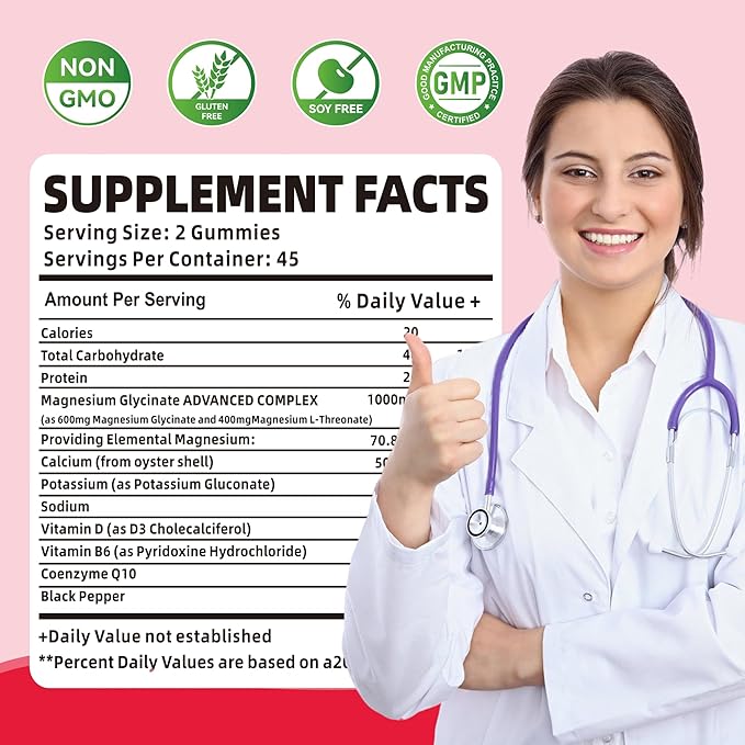 180 CT Magnesium Glycinate Gummies 1000mg - Sugar Free Magnesium Potassium Supplement with Vitamin D, B6, CoQ10 for Calm Mood & Sleep Support - 180 Raspberry Gummies
