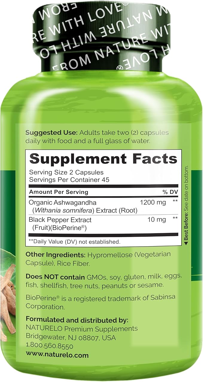 NATURELO Ashwagandha Organic Root Powder - Natural Herbs Supplement for Fatigue, Stress Relief, Mood Enhancer - with Black Pepper Extract - 90 Vegan Capsules