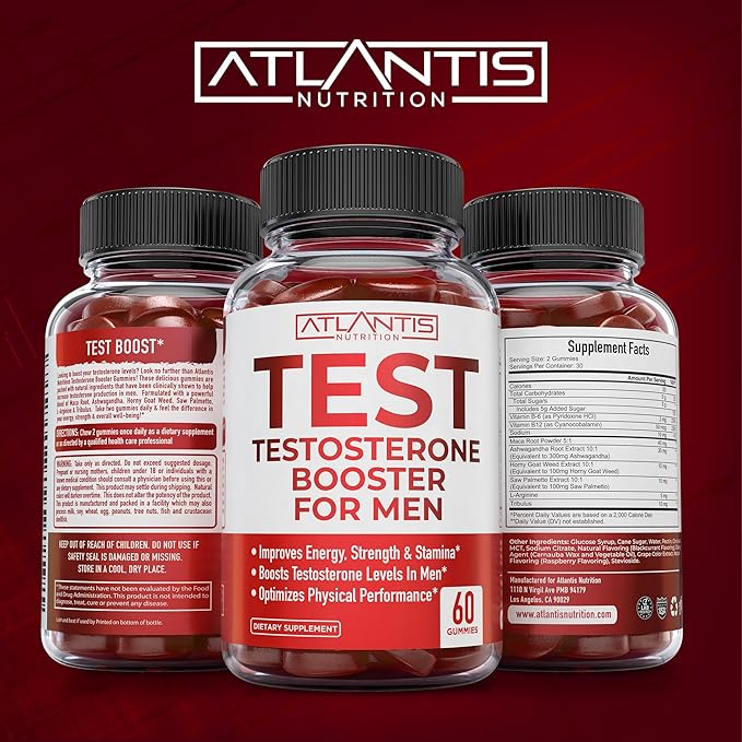 Atlantis Nutrition Testosterone Booster Gummies for Men - Enhances Strength & Stamina - Optimizes Performance & Male Enhancement - Tribulus, Goat Weed Extract, Maca Root Extract | 60 Gummies