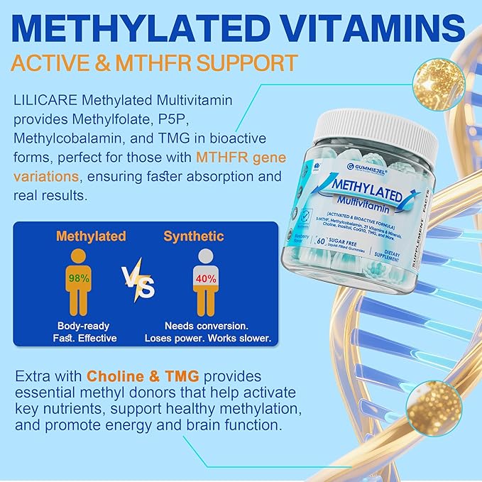 2 Pack Methylated Multivitamin for Men & Women Gummies + Greens & Mushroom Blend, Methylfolate & B12, TMG, Choline, Daily Vitamin A, C, D3K2, E, B Complex, Coq10, ALA for Overall Wellness, Sugar Free