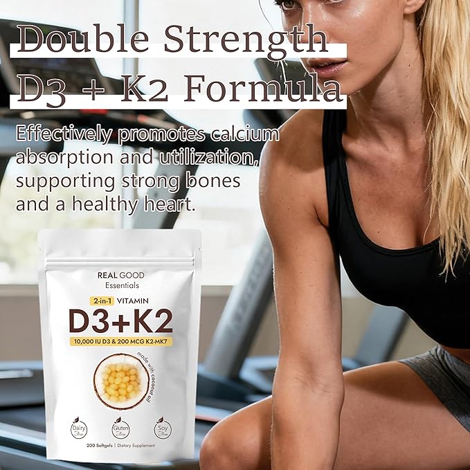 Real Good Essentials Vitamin D3 K2 10000 IU, 200 Virgin Coconut Oil Softgels, 2 in 1 Vitamins Supplement D & K (Include MK7), Easy to Swallow, Supports Calcium Absorption, Bone Health (1pc)