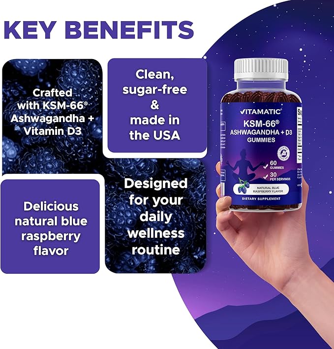 Vitamatic KSM-66® Ashwagandha + D3 Gummies – Natural Blue Raspberry Flavor – Sugar Free, Gluten Free, Non-GMO – 60 Gummies