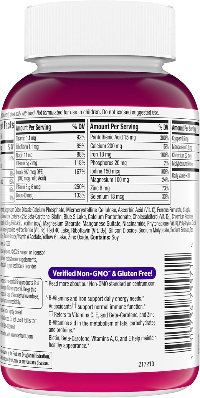 Centrum Multivitamin Tablet for Women, Multivitamin/Multimineral Supplement with Iron, Vitamin D3, B Vitamins and Antioxidant Vitamins C and E, Gluten Free, Non-GMO Ingredients - 200 Count