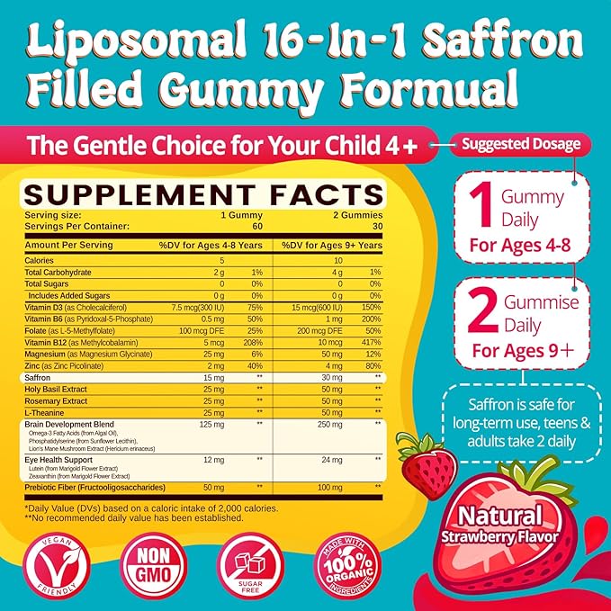 duwhot Saffron for Kids Gummies Sugar Free, Saffron Magnesium Supplement w/Holy Basil, Rosemary, Omega-3 & Vitamins for Happy Kids, Brain, Energy & Vision Support, Vegan, Organic, 60 Chewables