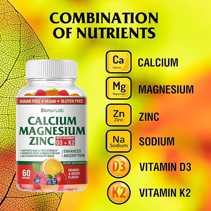 BionerLab Calcium Magnesium Zinc Gummies with Vitamin D3 & K2 - High Potency Enhanced Absorption - Orange and Berry Flavored