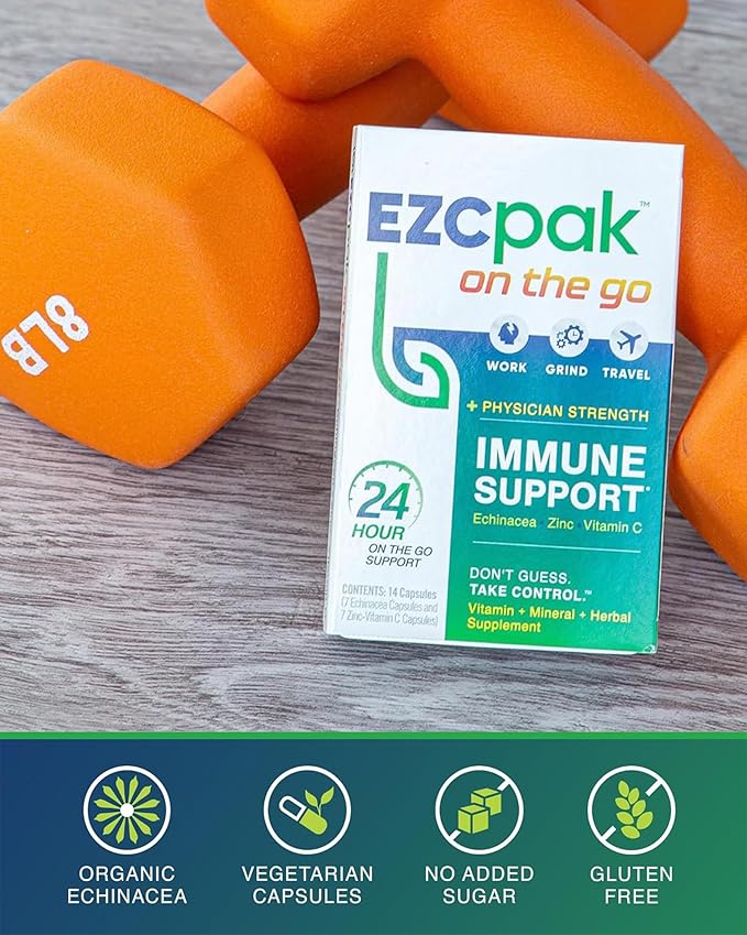 EZC Pak On The Go Immune System Booster with Echinacea, Vitamin C, Zinc, Immune Support Supplement, Immunity Vitamins for Adults, Travel-Friendly Packaging, Vegetarian, Gluten-Free