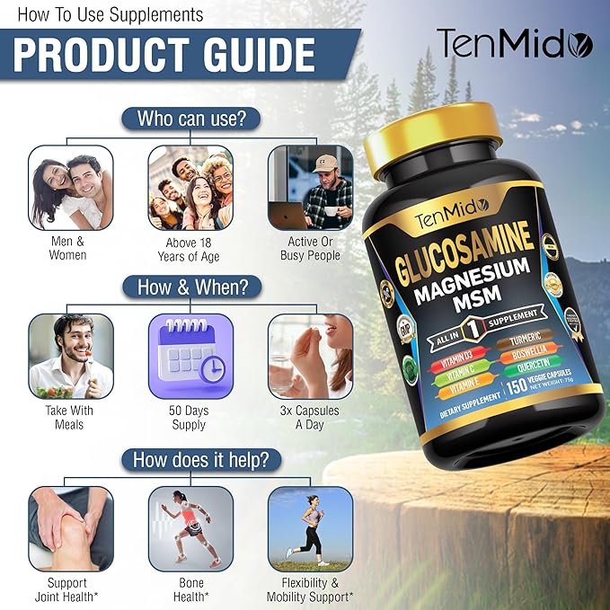 Glucosamine MSM Supplement for Men and Women - 11in1 Formula - Combine with Magnesium, Turmeric, Boswellia, Quercetin, Burdock Root, and More | Joint & Mobility Support - 150 Capsules
