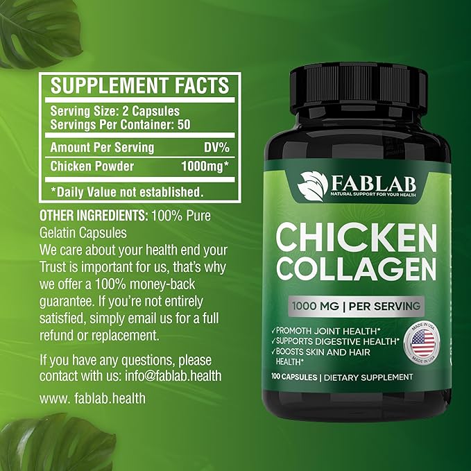 FabLab Chicken Sternum Cartilage Type II Collagen Capsules - Nutritional Supplement for Joints-1000mg per Serving - Non-GMO, Anti-Aging Dietary Product with Hydrolyzed Peptides- 100 Capsules