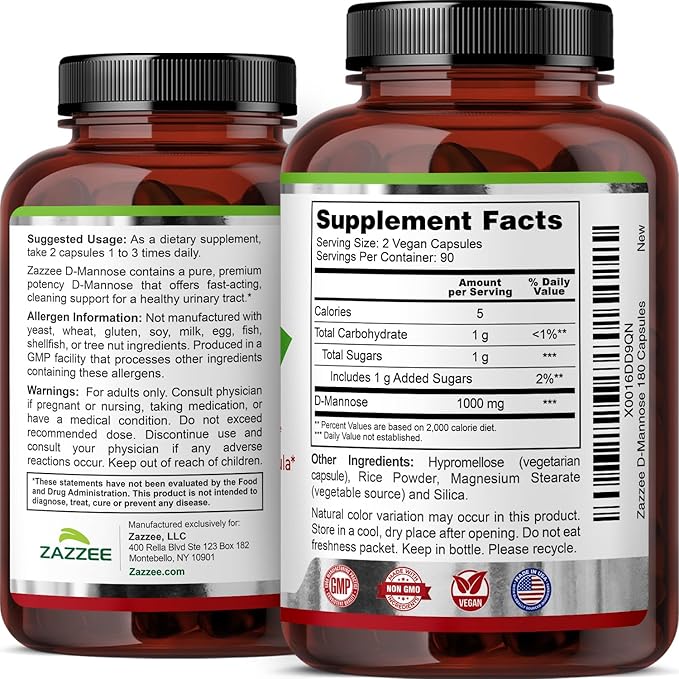 Zazzee D-Mannose, 1000 mg per Serving, 180 Vegan Capsules, 3 Month Supply, Potent & Fast-Acting, Certified Kosher, 100% Pure, All-Natural Urinary Tract Health Support, 100% Vegetarian, Non-GMO