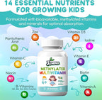 Methylated Multivitamin Gummies for Kids - MTHFR Support Supplement with B Complex 5-MTHF Folate (L-Methylfolate) B1 B3 B6 Methylcobalamin B12 Biotin Vitamins A C D3 E - Vegan Gluten Sugar Free