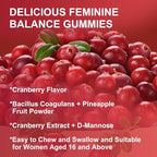 Feminine Balance Gummies for Women - Vaginal Health, pH Balance Support, Pineapple Probiotics Gummies for Women with Cranberry Extract and D-Mannose, Sugar Free, Vegan, Cranberry Flavor - 60 Ct