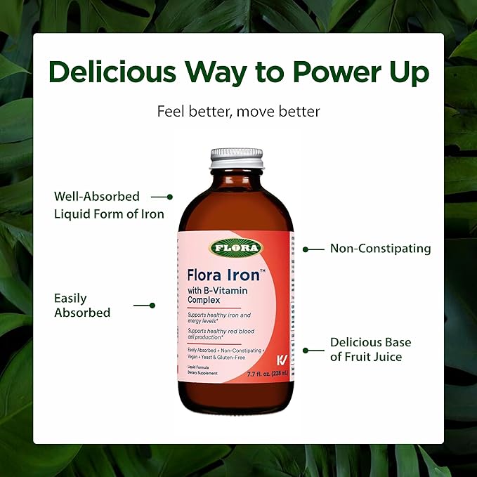 Flora Iron with B-Vitamin Complex - Helps Maintain Healthy Iron Levels - Non-Constipating, Highly Absorbable - Vitamin-B & Liquid Iron - Vegan Supplement - Yeast & Gluten Free, 7.7-oz. Glass Bottle