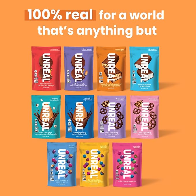 UNREAL Dark Chocolate Caramel Peanut Nougat Bars, 70% Organic Ingredients, Fair Trade, Non-GMO, No Corn Syrup, Sugar Alcohols, Soy, 209grams (3 Value Size Bags)