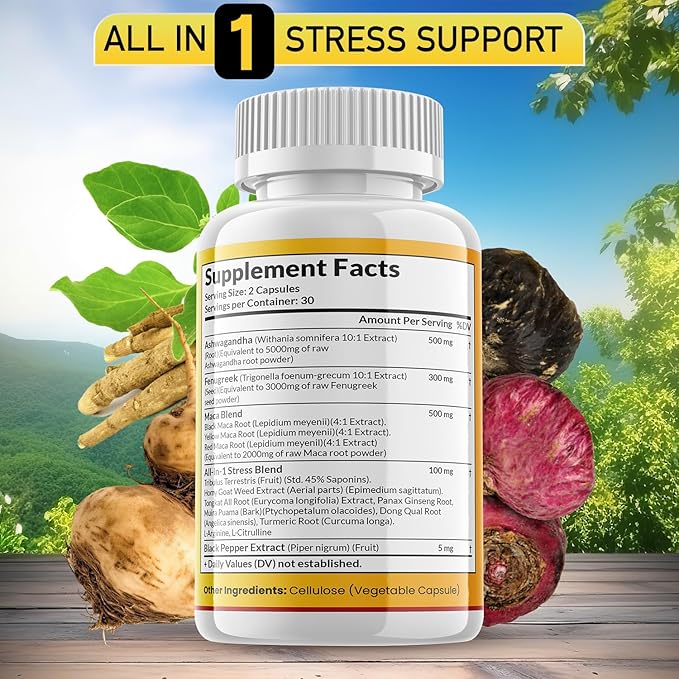 JB Wellness Co Ashwagandha Maca Root, Fenugreek Supplement with Tongkat Ali Ginseng - Assists with Mood & Thyroid Health - 60 Count
